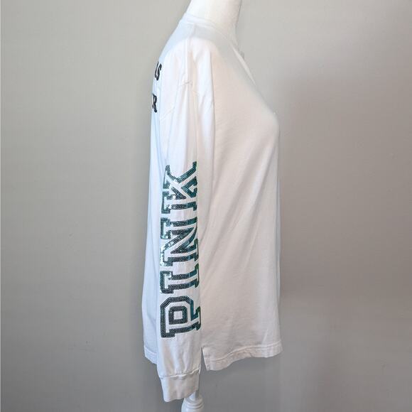 VS PINK White St. Patrick's Day Long Sleeve Crew Neck Sequin T-Shirt Size XS - Picture 5 of 11